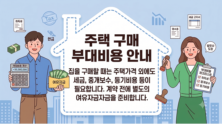 주택 구매 부대비용 안내: 집을 구매할 때는 주택가격 외에도 세금, 중개보수, 등기비용 등이 필요합니다.
